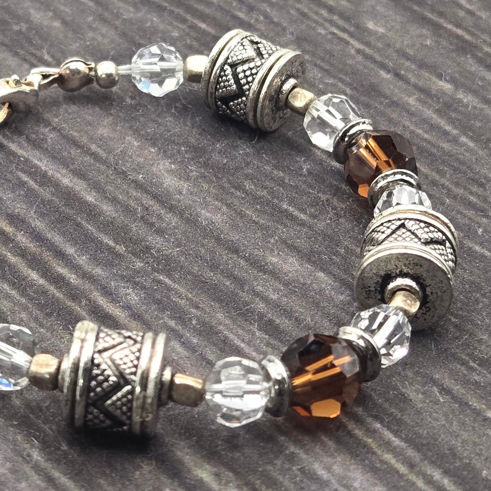 Silver Tone Geometric Metal Spacer Clear and Amber Glass Beaded Bracelet